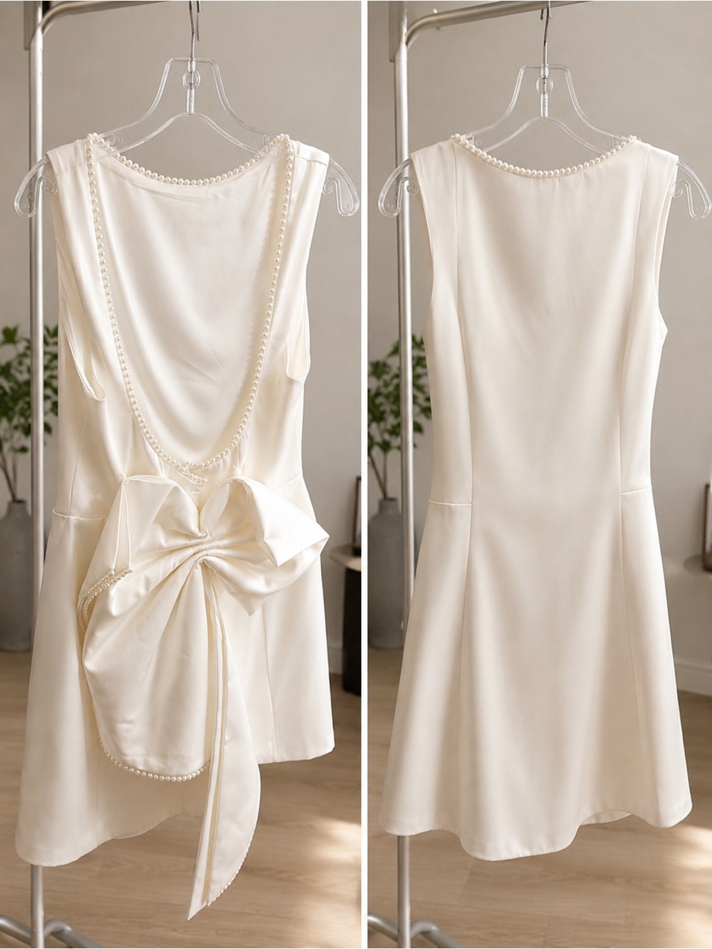 Ina Cream Pearl-Trim Bow Back Mini Dress